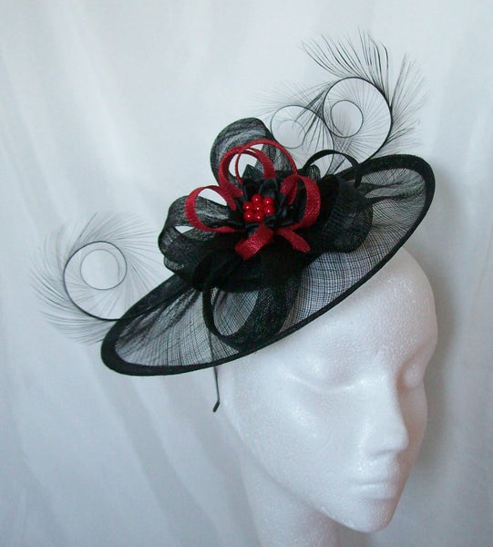 Black & Dark Red Fascinator Large Sinamay Saucer Curl Feather and Poppy Red Loop Pearl Hat Wedding Royal Ascot - Made to Order