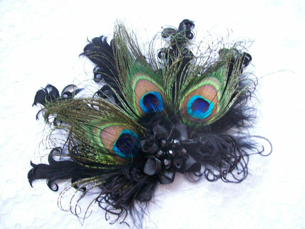 Black Daphne -Peacock & Curl Feather Lace & Crystal Vintage Style Gothic Fascinator Hair Clip - Gothic Diva Wedding Designs