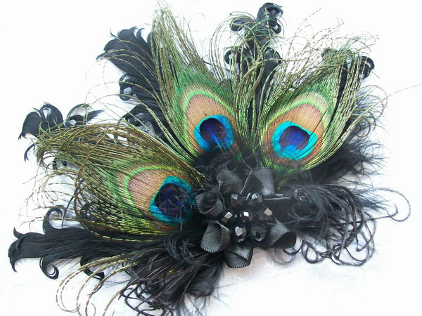 Black Daphne -Peacock & Curl Feather Lace & Crystal Vintage Style Gothic Fascinator Hair Clip - Gothic Diva Wedding Designs