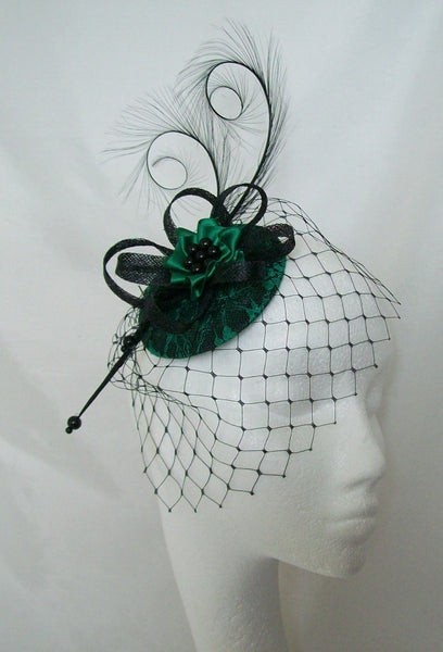 Emerald Lace and Black Fascinator Absinthe Jade Green Mini Hat Pheasant Curl Feathers Sinamay and Pearls Ascot Derby - Made To Order