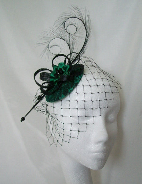 Black & Emerald Green Lace Covered Isadora Fascinator Mini Hat with Black Merry Widow Veil - Gothic Diva Wedding Designs