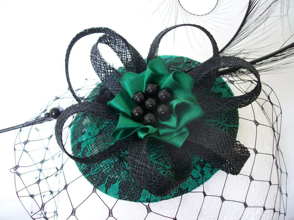 Black & Emerald Green Lace Covered Isadora Fascinator Mini Hat with Black Merry Widow Veil - Gothic Diva Wedding Designs