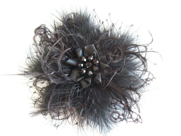 Black Fluff Feather Veil & Pearl Betsy Vintage Gothic Victorian Mini Fascinator Hair Clip 