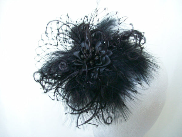 Black Fluff Feather Veil & Pearl Betsy Vintage Gothic Victorian Mini Fascinator Hair Clip 