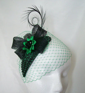 Black & Emerald Green Veiled Crystal Studded Teardrop Fascinator Percher Mini Hat Gothic - Gothic Diva Wedding Designs