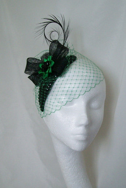 Black & Emerald Green Veiled Crystal Studded Teardrop Fascinator Percher Mini Hat Gothic - Gothic Diva Wedding Designs