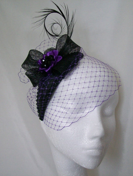 Black and Purple Veiled Crystal Studded Teardrop Gothic Mini Hat Percher Fascinator - Gothic Diva Wedding Designs