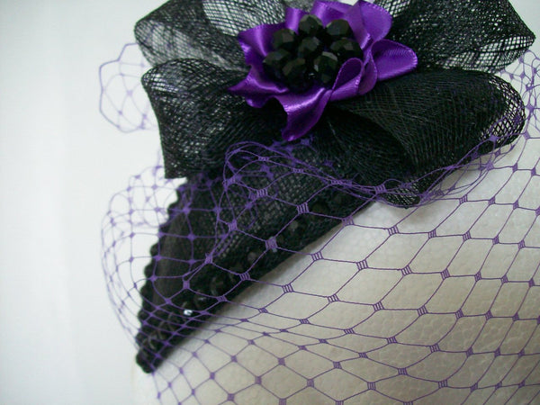 Black and Purple Veiled Crystal Studded Teardrop Gothic Mini Hat Percher Fascinator - Gothic Diva Wedding Designs
