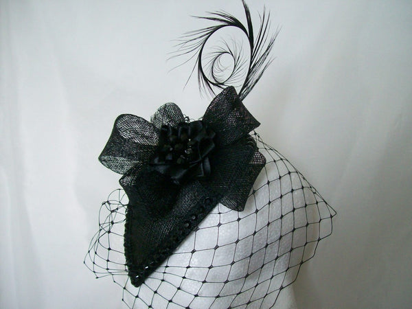 Black Crystal Fascinator Veiled Crystals or Pearl Studded Teardrop Fascinator Percher Mini Hat Gothic Royal Ascot Wedding - Made To Order