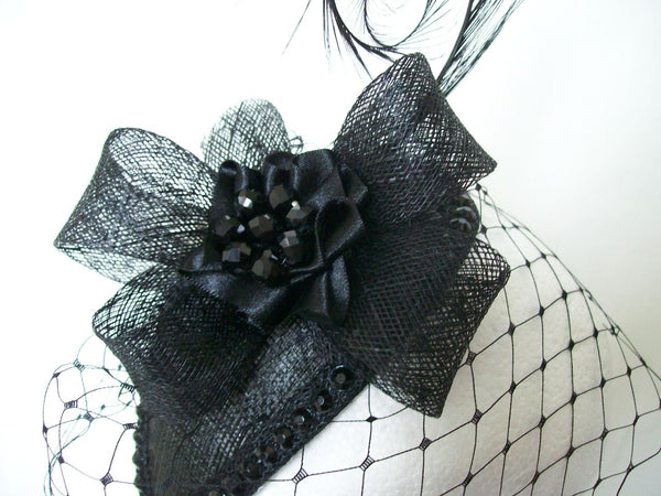 Black Crystal Fascinator Veiled Crystals or Pearl Studded Teardrop Fascinator Percher Mini Hat Gothic Royal Ascot Wedding - Made To Order