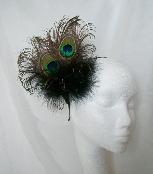Black Victoriana -Peacock Feather & Crystal Pearl Burlesque Gothic Wedding Fascinator