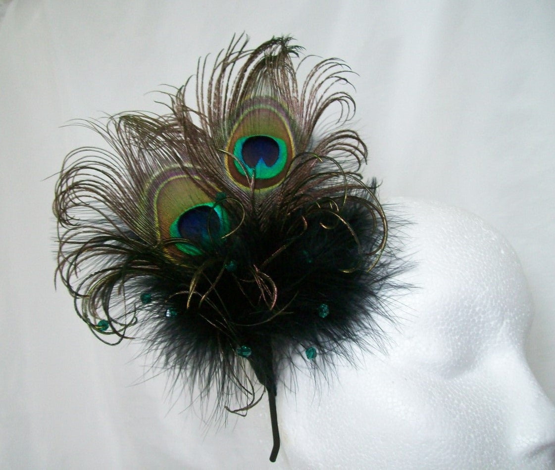 Black Victoriana -Peacock Feather & Crystal Pearl Burlesque Gothic Wedding Fascinator