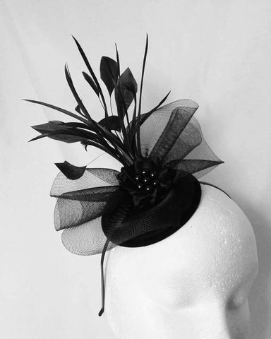 Black and Silver Vintage Victorian Gothic Style Crinoline Bow Feather & Rhinestone Wedding Fascinator Mini Hat - Made to Order