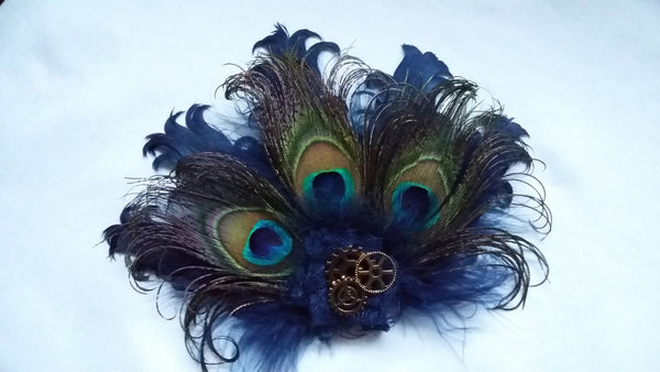 Navy Blue Steampunk Clip - Peacock Feather and Brass Gold Watch Cog Detail Hair Clip Burlesque Fascinator Headpiece - Made to Order