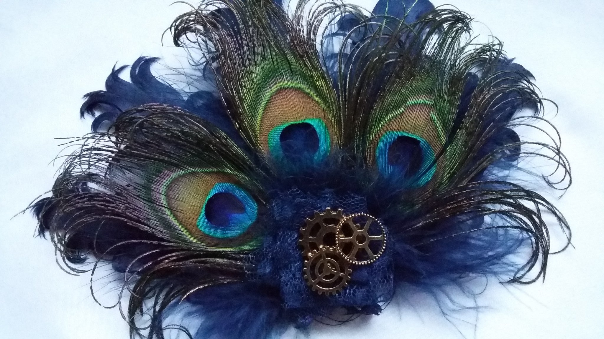 Navy Blue Steampunk Clip - Peacock Feather and Brass Gold Watch Cog Detail Hair Clip Burlesque Fascinator Headpiece - Made to Order