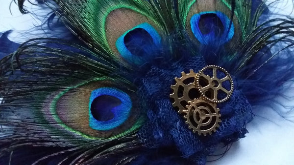 Navy Blue Steampunk Clip - Peacock Feather and Brass Gold Watch Cog Detail Hair Clip Burlesque Fascinator Headpiece - Made to Order