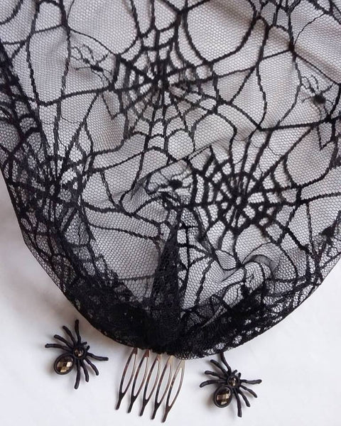 Black Spiders Cobweb Tulle Mesh Birdcage Bandeau Wedding Bridal Veil -Halloween