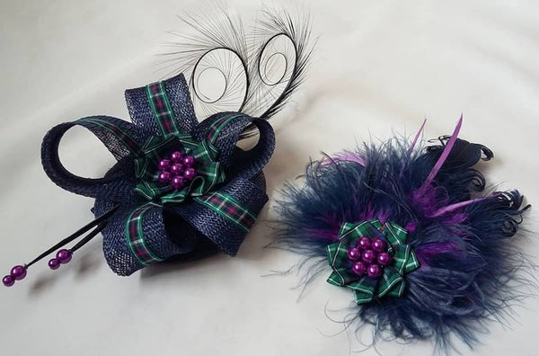 Tartan Fascinator - Black Pheasant Curl Feather Ribbon Stripe Sinamay & Pearl Scottish Highlands Wedding Burns Night Mini Hat Made to Order mackenzie