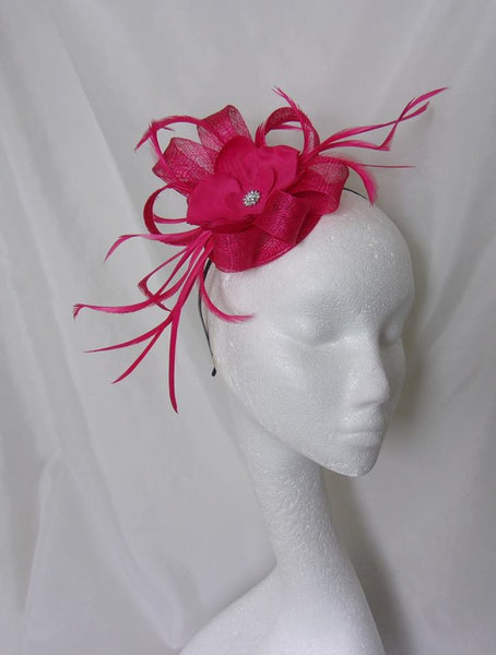 alice sinamay fascinator hat with feathers diamante and orchid flower by indigo daisy weddings