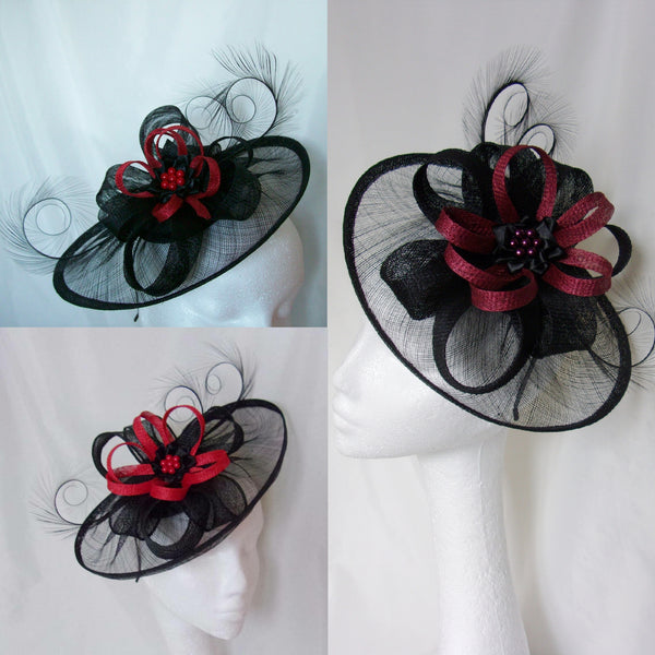 Black & Red Burgundy Marsala Fascinator Large Sinamay Saucer Curl Feather and Bright Scarlet or Poppy Loop Pearl Hat Wedding Royal Ascot - Made to Order