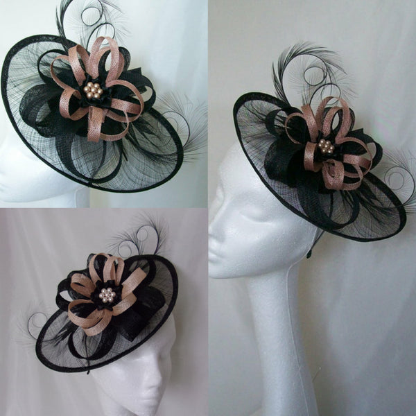 Peach Black Fascinator Large Sinamay Saucer Curl Feather and Blush Nude Peach Latte Loop & Pearl Hat Wedding Derby Ascot- Made to Order