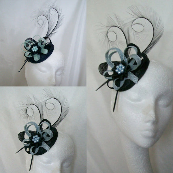 Black and Pale Blue Pheasant Curl Feather Sinamay Loop & Pearl Fascinator Mini Hat - Made To Order