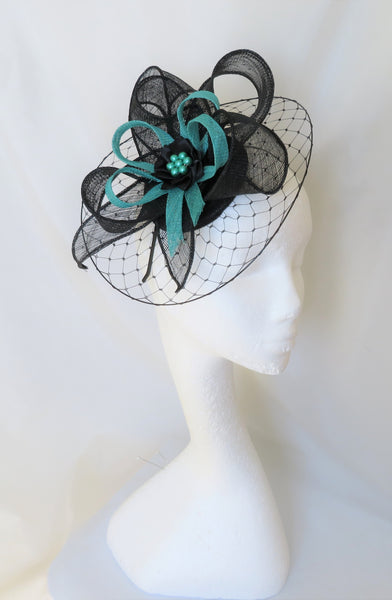 Black and Jade Hat with Net Illusion Brim Sinamay Loops Stylish Classic Elegant Wedding Races Ascot Fascinator Hat - Made to Order