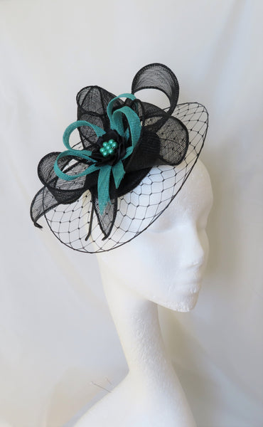 Black and Jade Hat with Net Illusion Brim Sinamay Loops Stylish Classic Elegant Wedding Races Ascot Fascinator Hat - Made to Order