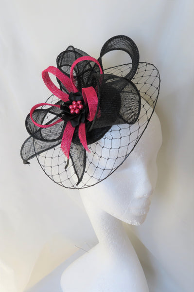 Black and Cerise Fuchsia Pink Hat with Net Illusion Brim Sinamay Loops Stylish Elegant Wedding Races Ascot Fascinator Hat - Made to Order