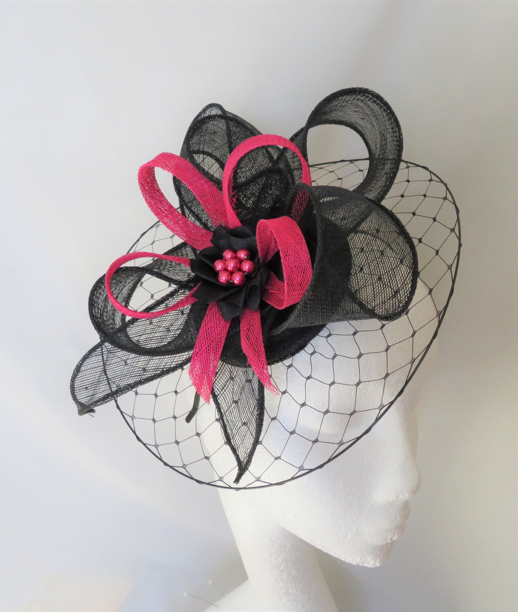 Black and Cerise Pink Lillibeth Illusion Brim Fascinator Hat Indigo Daisy Weddings