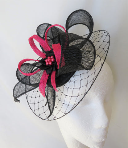 Black and Cerise Fuchsia Pink Hat with Net Illusion Brim Sinamay Loops Stylish Elegant Wedding Races Ascot Fascinator Hat - Made to Order
