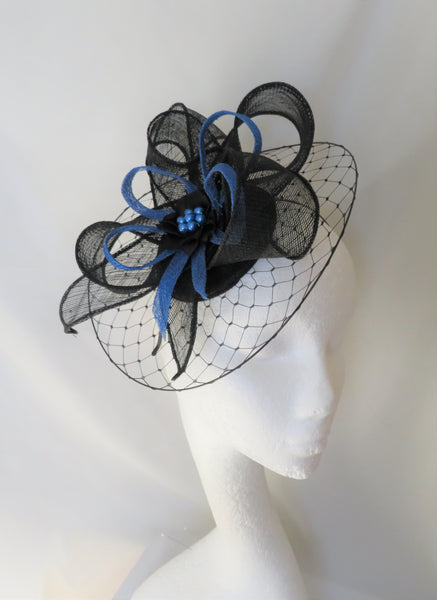 Black and Sapphire Blue Hat with Net Illusion Brim Sinamay Loops Stylish Classic Elegant Wedding Races Ascot Fascinator Hat - Made to Order