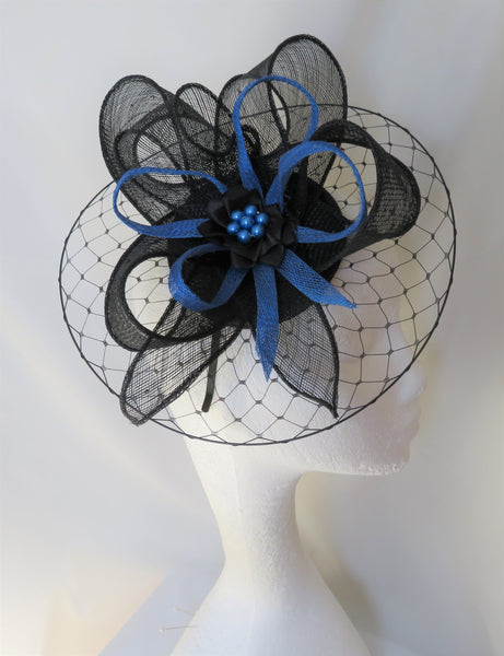 Black and Sapphire Blue Hat with Net Illusion Brim Sinamay Loops Stylish Classic Elegant Wedding Races Ascot Fascinator Hat - Made to Order