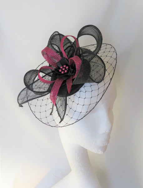 Black and Plum Burgundy Hat with Net Illusion Brim Sinamay Loops Stylish Elegant Wedding Races Ascot Fascinator Hat - Made to Order