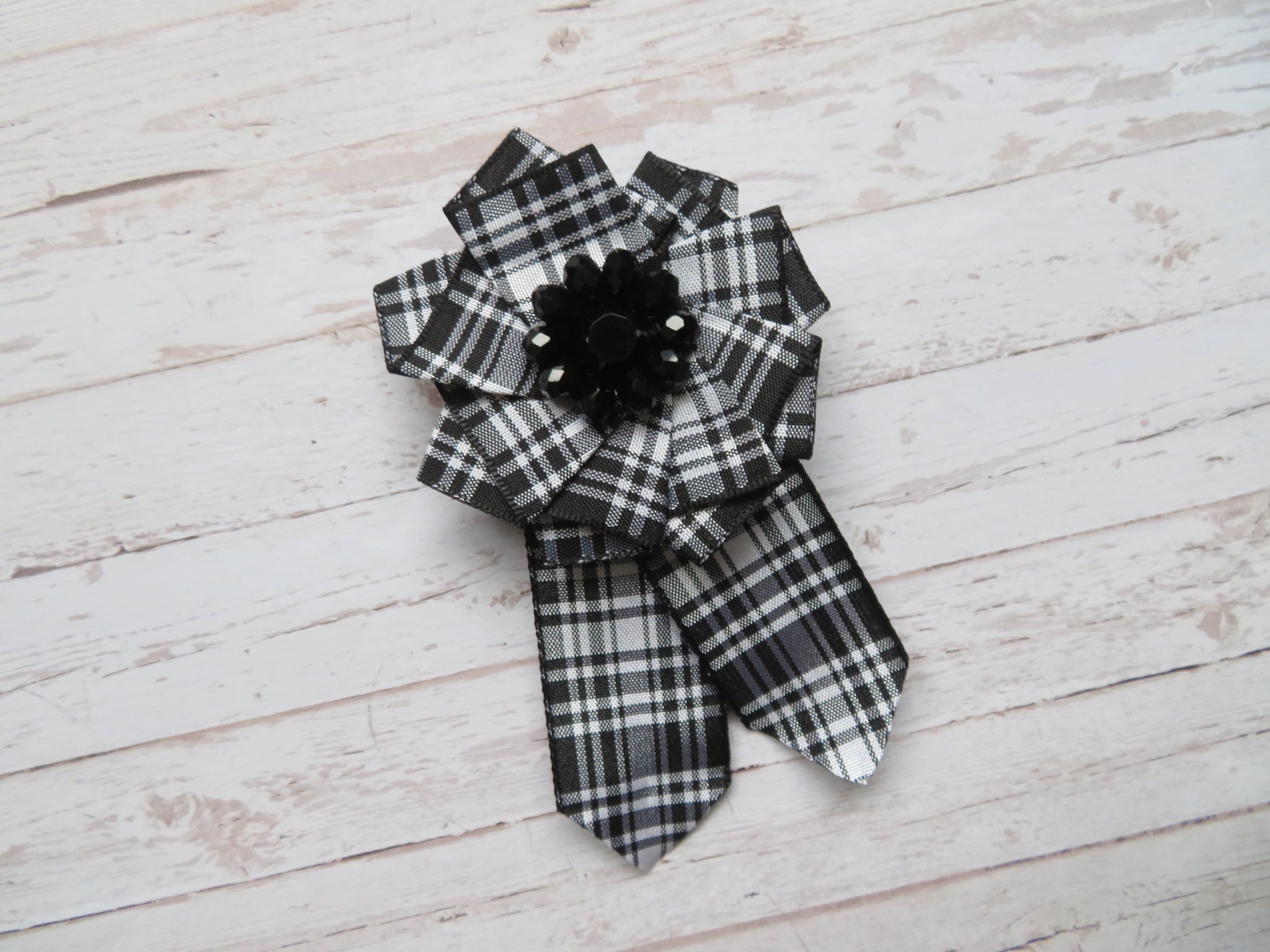 Menzies Black and White Tartan Ruffle Rosette Mini Brooch Pin Scottish Highland Plaid Ribbon Wedding Buttonhole Corsage Gift- Ready Made