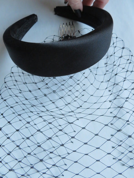 Black Satin Halo Headband and Separate Veil Set