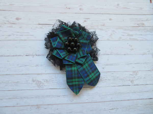 Black Watch Tartan and Lace Shabby Chic Brooch