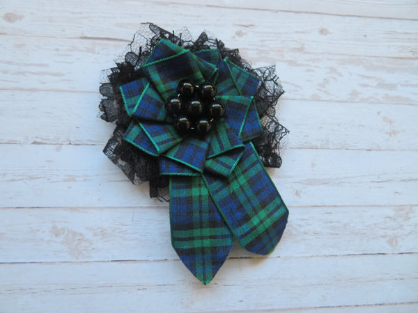 Black Watch Tartan and Lace Shabby Chic Brooch