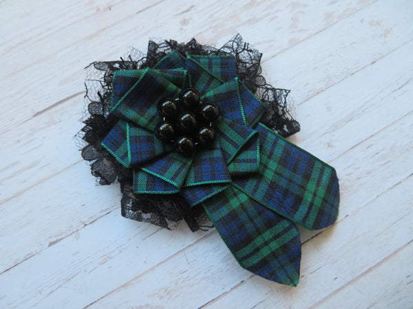 Black Watch Tartan and Lace Shabby Chic Brooch