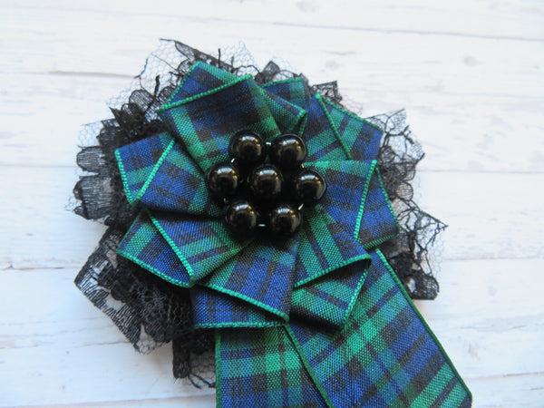 Black Watch Tartan and Lace Shabby Chic Brooch