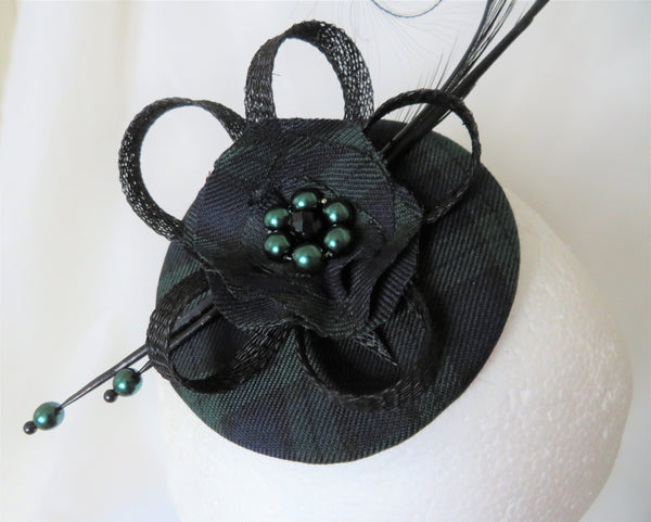 Black Watch Tartan Fascinator Black Bottle Green Curl Feather and Sinamay Highlands Wedding Burns Night - Made to Order