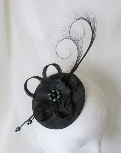 Black Watch Tartan Fascinator Black Bottle Green Curl Feather and Sinamay Highlands Wedding Burns Night - Made to Order