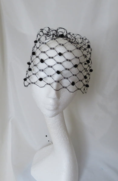 Black Vintage Rare Spotted Spot Short Blusher Waffle Weave Veil - Wedding Victorian Goth Gothic - Ready Made 