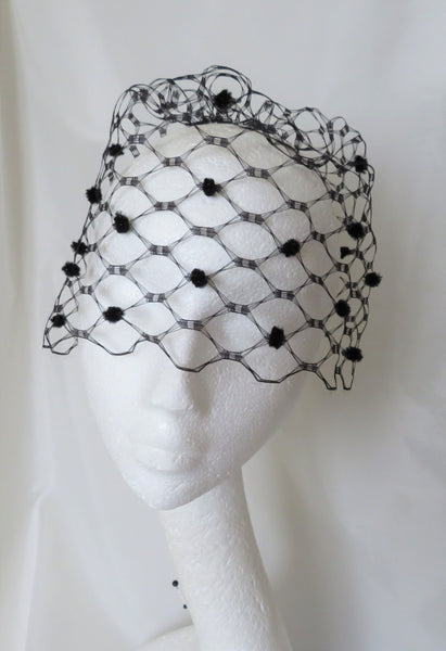Black Vintage Rare Spotted Spot Short Blusher Waffle Weave Veil - Wedding Victorian Goth Gothic - Ready Made 