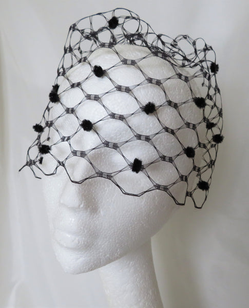 Black Vintage Rare Spotted Spot Short Blusher Waffle Weave Veil - Wedding Victorian Goth Gothic - Ready Made 