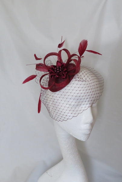 Burgundy Wine Feather and Sinamay Fascinator Hat Marsala Loops Wedding Ascot Races Fascinator Mini Hat - Made to Order