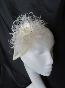 Cream Vintage Fascinator Fluffy Feather Waffle Veil Ivory Pearl Headpiece Wedding Races Bride - Ready Made