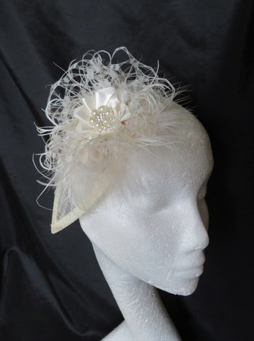 Cream Vintage Fascinator Fluffy Feather Waffle Veil Ivory Pearl Headpiece Wedding Races Bride - Ready Made