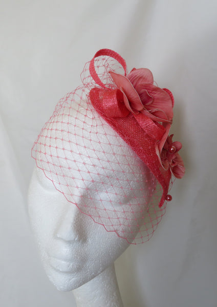 Bright Coral Pink Orchid Retro Veil Fascinator Headpiece Wedding Bride Ascot