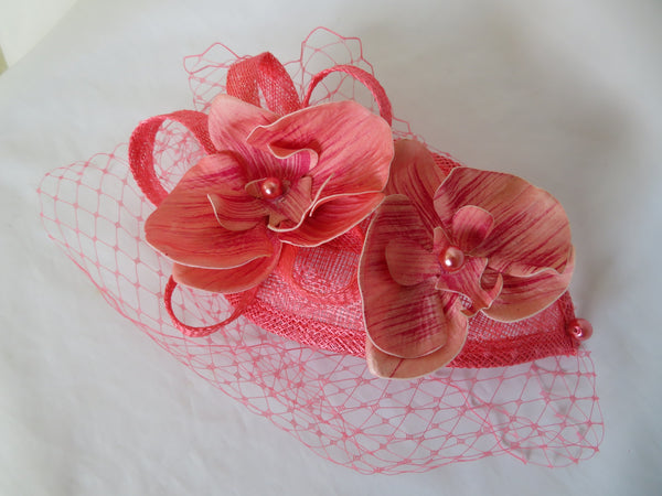 Bright Coral Pink Orchid Retro Veil Fascinator Headpiece Wedding Bride Ascot